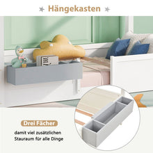 Lade das Bild in den Galerie-Viewer, Hausbett Spielbett mit Stoffzeltaufsatz| Mit Aufbewahrungsbox | 3 Kombinationen|Kinderbett Lattenrost in Kiefernholz, 90 x 200 cm, ohne Matratze, weiß
