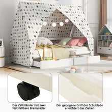 Lade das Bild in den Galerie-Viewer, Hausbett Spielbett mit Stoffzeltaufsatz  2 SchubladenMobiler ZeltständerRausfallschutz Stabiler Lattenrost Kinderbett in Kiefer,90x200cm,ohne Matratze
