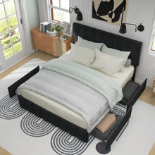 Lade das Bild in den Galerie-Viewer, olsterbett mit 4 Schubladen, Doppelbett mit Lattenrost, Stauraum Bett, höhenverstellbares Kopfteil &amp; quadratisches Nähdesign, Metalllattenstütze, Leinenmaterial (140*200 cm, Schwarz)
