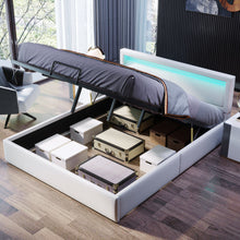 Lade das Bild in den Galerie-Viewer, Polsterbett, LED-Bett, 140*200cm, mit Lattenrost und Stauraum, mit beleuchtetem Kopfteil in diversen Farben，Weiß,Kopfteil &amp; Kunstleder
