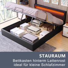 Lade das Bild in den Galerie-Viewer, Polsterbett,140*200cm LED-Bett，mit Lattenrost und Stauraum, mit beleuchtetem Kopfteil in diversen Farben，Schwarz，Kunstleder &amp; Holz
