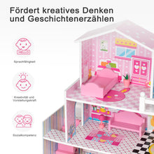 Lade das Bild in den Galerie-Viewer, Hölzernes Puppenhaus mit Zubehör für Puppen zwischen 7-12 cm, süßes großes Traumhaus, 3+
