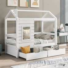 Lade das Bild in den Galerie-Viewer, Hausbett Kinderbett Jugendbett 160x80 mit Rausfallschutz，vielseitiges Holz Kinderbett ，Massivholz Kinder Bett mit Rausfallschutz Fenster und Lattenrost
