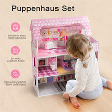 Lade das Bild in den Galerie-Viewer, Rosafarbenes Puppenhaus-Spielset aus Holz mit Möbeln und Zubehör, Traumhaus-Spielzeugset, 3+
