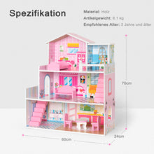 Lade das Bild in den Galerie-Viewer, Hölzernes Puppenhaus mit Zubehör für Puppen zwischen 7-12 cm, süßes großes Traumhaus, 3+
