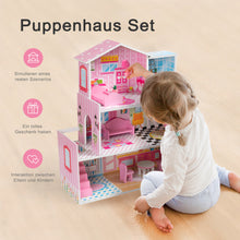 Lade das Bild in den Galerie-Viewer, Hölzernes Puppenhaus mit Zubehör für Puppen zwischen 7-12 cm, süßes großes Traumhaus, 3+

