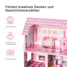 Lade das Bild in den Galerie-Viewer, Rosafarbenes Puppenhaus-Spielset aus Holz mit Möbeln und Zubehör, Traumhaus-Spielzeugset, 3+
