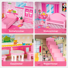Lade das Bild in den Galerie-Viewer, Hölzernes Puppenhaus mit Zubehör für Puppen zwischen 7-12 cm, süßes großes Traumhaus, 3+
