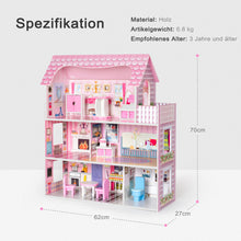 Lade das Bild in den Galerie-Viewer, Rosafarbenes Puppenhaus-Spielset aus Holz mit Möbeln und Zubehör, Traumhaus-Spielzeugset, 3+
