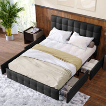 Lade das Bild in den Galerie-Viewer, olsterbett mit 4 Schubladen, Doppelbett mit Lattenrost, Stauraum Bett, höhenverstellbares Kopfteil &amp; quadratisches Nähdesign, Metalllattenstütze, Leinenmaterial (140*200 cm, Schwarz)
