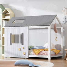 Lade das Bild in den Galerie-Viewer, Spielbett Hausbett 200x90,Jugendbett mit Dach und Fenster, Rausfallschutz , Holz Kinderbett Jungen Mädchen Massivholz mit Lattenrost, Grau&amp;Weiß
