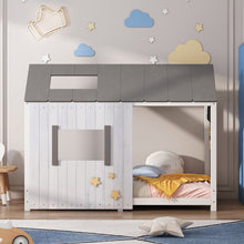 Lade das Bild in den Galerie-Viewer, Spielbett Hausbett 200x90,Jugendbett mit Dach und Fenster, Rausfallschutz , Holz Kinderbett Jungen Mädchen Massivholz mit Lattenrost, Grau&amp;Weiß
