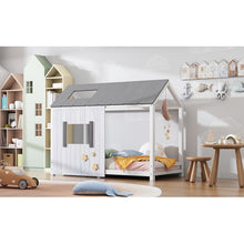 Lade das Bild in den Galerie-Viewer, Spielbett Hausbett 200x90,Jugendbett mit Dach und Fenster, Rausfallschutz , Holz Kinderbett Jungen Mädchen Massivholz mit Lattenrost, Grau&amp;Weiß
