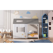 Lade das Bild in den Galerie-Viewer, Spielbett Hausbett 200x90,Jugendbett mit Dach und Fenster, Rausfallschutz , Holz Kinderbett Jungen Mädchen Massivholz mit Lattenrost, Grau&amp;Weiß
