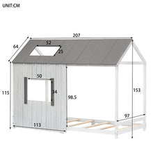 Lade das Bild in den Galerie-Viewer, Spielbett Hausbett 200x90,Jugendbett mit Dach und Fenster, Rausfallschutz , Holz Kinderbett Jungen Mädchen Massivholz mit Lattenrost, Grau&amp;Weiß
