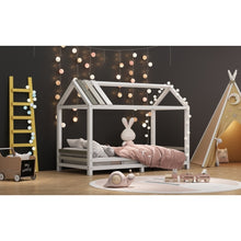 Lade das Bild in den Galerie-Viewer, Spielbett Hausbett 200x90, Tricolor Spleißholzlatten Dekorative Hausform, Rausfallschutz Kinderbett, Massivholz Kinderbett mit Lattenrost, weiß
