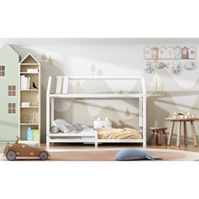 Lade das Bild in den Galerie-Viewer, Spielbett Hausbett 200x90, Tricolor Spleißholzlatten Dekorative Hausform, Rausfallschutz Kinderbett, Massivholz Kinderbett mit Lattenrost, weiß
