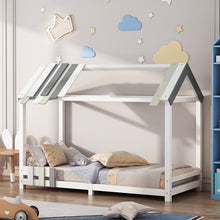 Lade das Bild in den Galerie-Viewer, Spielbett Hausbett 200x90, Tricolor Spleißholzlatten Dekorative Hausform,Rausfallschutz Kinderbett, Massivholz Kinderbett mit Lattenrost
