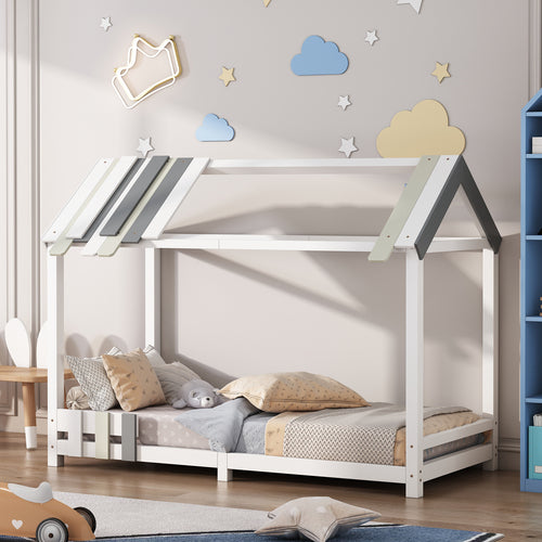Spielbett Hausbett 200x90, Tricolor Spleißholzlatten Dekorative Hausform,Rausfallschutz Kinderbett, Massivholz Kinderbett mit Lattenrost
