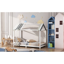 Lade das Bild in den Galerie-Viewer, Spielbett Hausbett 200x90, Tricolor Spleißholzlatten Dekorative Hausform,Rausfallschutz Kinderbett, Massivholz Kinderbett mit Lattenrost
