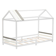 Lade das Bild in den Galerie-Viewer, Spielbett Hausbett 200x90, Tricolor Spleißholzlatten Dekorative Hausform, Rausfallschutz Kinderbett, Massivholz Kinderbett mit Lattenrost, weiß

