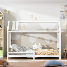 Lade das Bild in den Galerie-Viewer, Spielbett Hausbett 200x90, Tricolor Spleißholzlatten Dekorative Hausform, Rausfallschutz Kinderbett, Massivholz Kinderbett mit Lattenrost, weiß
