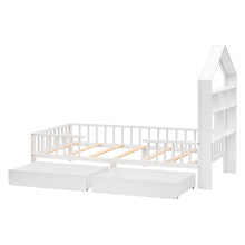 Lade das Bild in den Galerie-Viewer, Hausbett Kinderbett Jugendbett 200x90 Funktionsbett mit Bücherregal Ablage mit Fallschutz Multifunktionsholz Kinderbett Jungen und Mädchen Weiß Schubladen Massivholz Kinderbett mit Lattenrost Weiß
