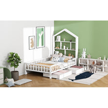 Lade das Bild in den Galerie-Viewer, Hausbett Kinderbett Jugendbett 200x90 Funktionsbett mit Bücherregal Ablage mit Fallschutz Multifunktionsholz Kinderbett Jungen und Mädchen Weiß Schubladen Massivholz Kinderbett mit Lattenrost Weiß
