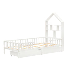 Lade das Bild in den Galerie-Viewer, Hausbett Kinderbett Jugendbett 200x90 Funktionsbett mit Bücherregal Ablage mit Fallschutz Multifunktionsholz Kinderbett Jungen und Mädchen Weiß Schubladen Massivholz Kinderbett mit Lattenrost Weiß
