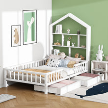 Lade das Bild in den Galerie-Viewer, Hausbett Kinderbett Jugendbett 200x90 Funktionsbett mit Bücherregal Ablage mit Fallschutz Multifunktionsholz Kinderbett Jungen und Mädchen Weiß Schubladen Massivholz Kinderbett mit Lattenrost Weiß
