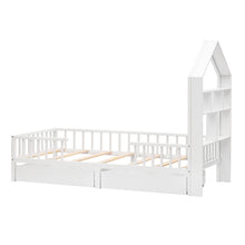 Lade das Bild in den Galerie-Viewer, Hausbett Kinderbett Jugendbett 200x90 Funktionsbett mit Bücherregal Ablage mit Fallschutz Multifunktionsholz Kinderbett Jungen und Mädchen Weiß Schubladen Massivholz Kinderbett mit Lattenrost Weiß
