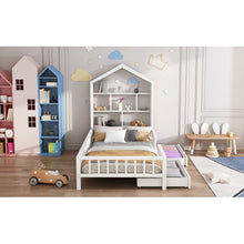 Lade das Bild in den Galerie-Viewer, Hausbett Kinderbett Jugendbett 200x90 Funktionsbett mit Bücherregal Ablage mit Fallschutz Multifunktionsholz Kinderbett Jungen und Mädchen Weiß Schubladen Massivholz Kinderbett mit Lattenrost Weiß
