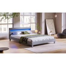 Lade das Bild in den Galerie-Viewer, LED Polsterbett Lattenrost – Kunstleder Bezug &amp; Holz Gestell in grau,inkl. LED-Beleuchtung, Kunstleder &amp; Lattenrost，Jugendbett Bett(140 x 200cm)
