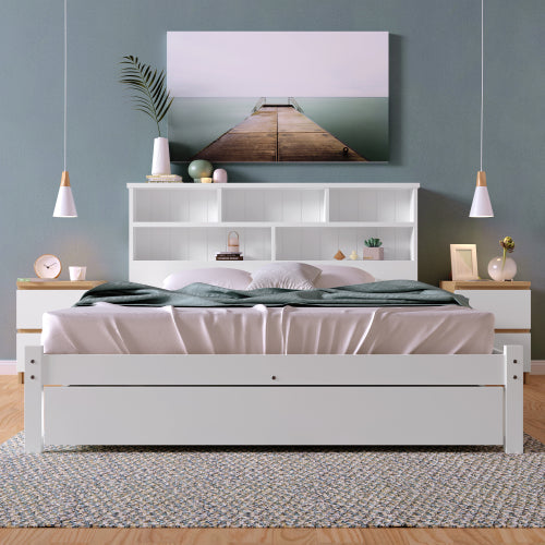 Massivholz Doppelbett mit Schubladen und Lattenrost, Bücherregal Jugendliche und Erwachsene Kinderbett, 140x200cm Weiß