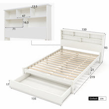 Lade das Bild in den Galerie-Viewer, Massivholz Doppelbett mit Schubladen und Lattenrost, Bücherregal Jugendliche und Erwachsene Kinderbett, 140x200cm Weiß

