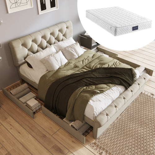 Bettgestell mit 4 Schubladen, Doppelbett Polsterbett 140x200cm, Höhenverstellbarem Kopfteil, Chesterfield Funktionsbett, Natürlich（Mit Matratze）