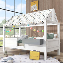 Lade das Bild in den Galerie-Viewer, Hausbett Spielbett mit Stoffzeltaufsatz| Mit Aufbewahrungsbox | 3 Kombinationen|Kinderbett Lattenrost in Kiefernholz, 90 x 200 cm, ohne Matratze, weiß
