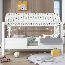 Lade das Bild in den Galerie-Viewer, Hausbett Spielbett mit Stoffzeltaufsatz| Mit Aufbewahrungsbox | 3 Kombinationen|Kinderbett Lattenrost in Kiefernholz, 90 x 200 cm, ohne Matratze, weiß
