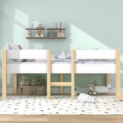 Bett Kinderbett mit Rausfallschutz, Kiefer-Vollholz-90x190 cm-Weiß & Eiche