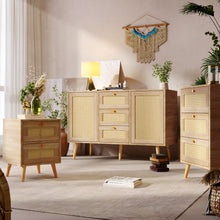 Lade das Bild in den Galerie-Viewer, 2er Set Nachttisch Nachtschrank Beistelltisch, 2 Schubladen, Eiche Rattan,Schubladenfronten aus Rattangeflecht,Sofatisch passend zu jedem Bett &amp; Schlafzimmer - H55/B40/T40 cm
