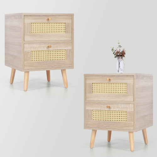 2er Set Nachttisch Nachtschrank Beistelltisch, 2 Schubladen, Eiche Rattan,Schubladenfronten aus Rattangeflecht,Sofatisch passend zu jedem Bett & Schlafzimmer - H55/B40/T40 cm