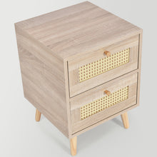 Lade das Bild in den Galerie-Viewer, 2er Set Nachttisch Nachtschrank Beistelltisch, 2 Schubladen, Eiche Rattan,Schubladenfronten aus Rattangeflecht,Sofatisch passend zu jedem Bett &amp; Schlafzimmer - H55/B40/T40 cm
