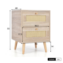 Lade das Bild in den Galerie-Viewer, 2er Set Nachttisch Nachtschrank Beistelltisch, 2 Schubladen, Eiche Rattan,Schubladenfronten aus Rattangeflecht,Sofatisch passend zu jedem Bett &amp; Schlafzimmer - H55/B40/T40 cm

