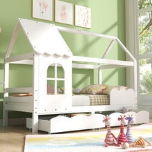 Lade das Bild in den Galerie-Viewer, Hausbett Kinderbett Jugendbett 200x90 mit Rausfallschutz，vielseitiges Holz Kinderbett für Jungen &amp; Mädchen, Wei Schubladen, Massivholz Kinder Bett mit Rausfallschutz Fenster und Lattenrost, Weiß
