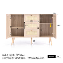 Lade das Bild in den Galerie-Viewer, Kommode mit 2 Türen und 3 Schubladen, Rattan Sonoma Eiche, Verstellbare Ablage, Massivholzfüßen, für Wohnzimmer Schlafzimmer-120 x 82 x 40 cm (B/H/T)
