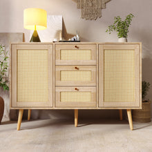 Lade das Bild in den Galerie-Viewer, Kommode mit 2 Türen und 3 Schubladen, Rattan Sonoma Eiche, Verstellbare Ablage, Massivholzfüßen, für Wohnzimmer Schlafzimmer-120 x 82 x 40 cm (B/H/T)
