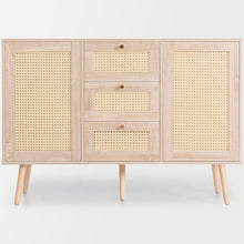 Lade das Bild in den Galerie-Viewer, Kommode mit 2 Türen und 3 Schubladen, Rattan Sonoma Eiche, Verstellbare Ablage, Massivholzfüßen, für Wohnzimmer Schlafzimmer-120 x 82 x 40 cm (B/H/T)
