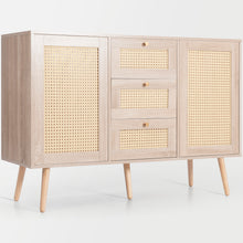 Lade das Bild in den Galerie-Viewer, Kommode mit 2 Türen und 3 Schubladen, Rattan Sonoma Eiche, Verstellbare Ablage, Massivholzfüßen, für Wohnzimmer Schlafzimmer-120 x 82 x 40 cm (B/H/T)
