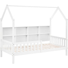 Lade das Bild in den Galerie-Viewer, Hausbett Kinderbett mit Mehrzweck-Bücherregal-Speichergitter-Kabinett Ablageregal und zwei großen Schubladen mit Stauraum und Kaminform 90x200 Weiß
