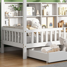 Lade das Bild in den Galerie-Viewer, Hausbett Kinderbett mit Mehrzweck-Bücherregal-Speichergitter-Kabinett Ablageregal und zwei großen Schubladen mit Stauraum und Kaminform 90x200 Weiß
